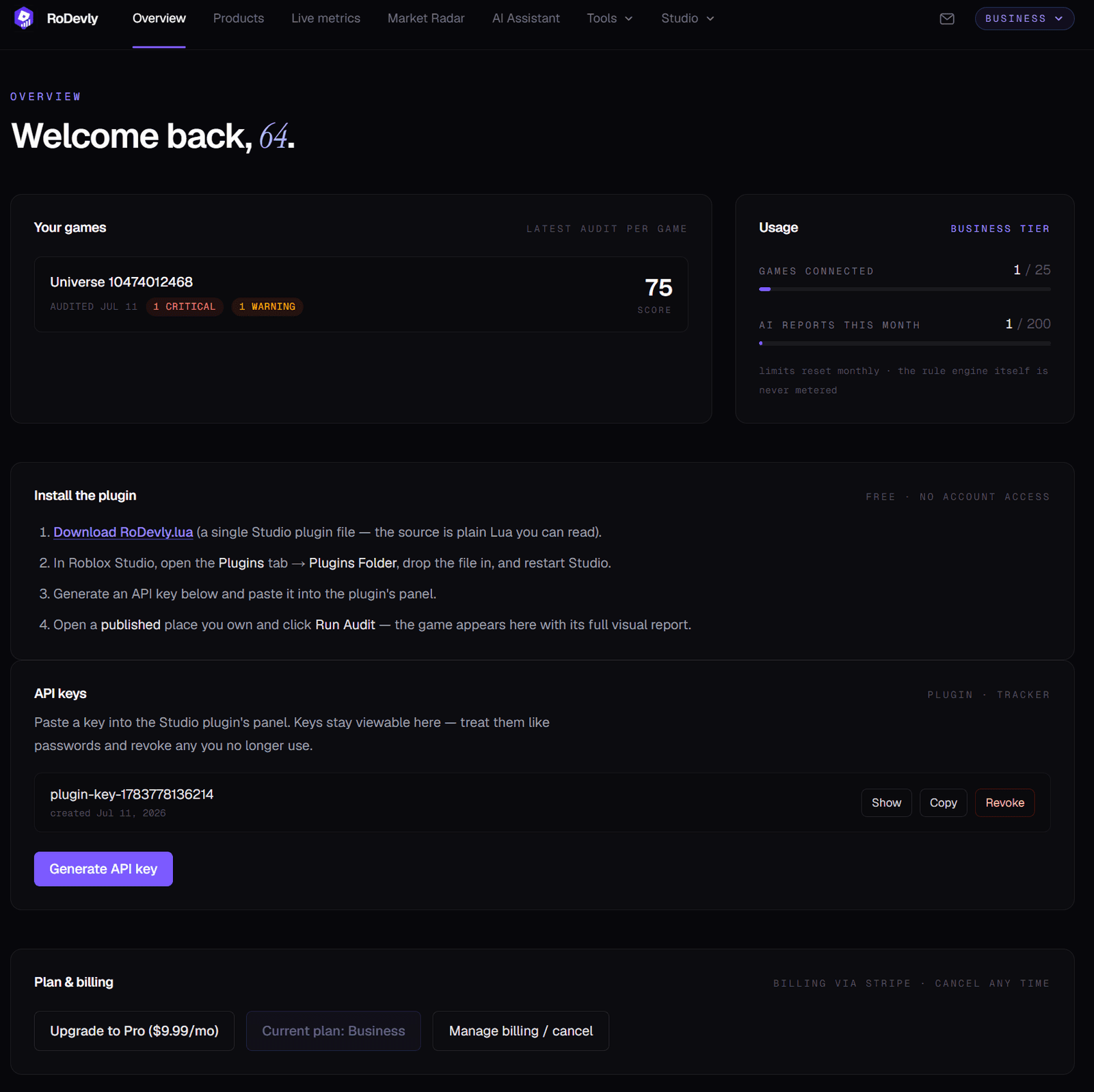 The dashboard: latest audit per game, usage quotas and API keys for the plugin