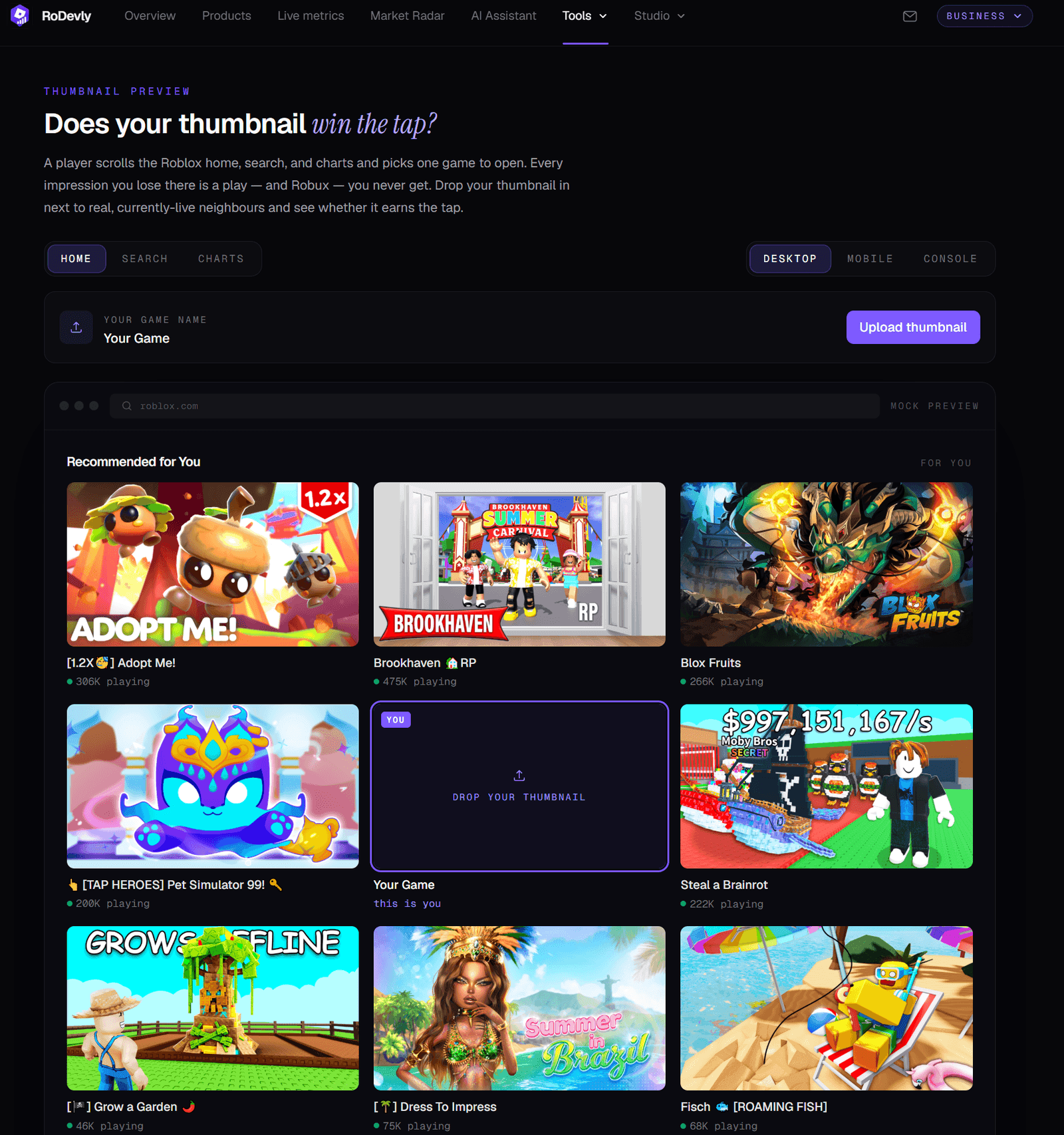 The thumbnail tool: your art dropped in next to live Roblox neighbours