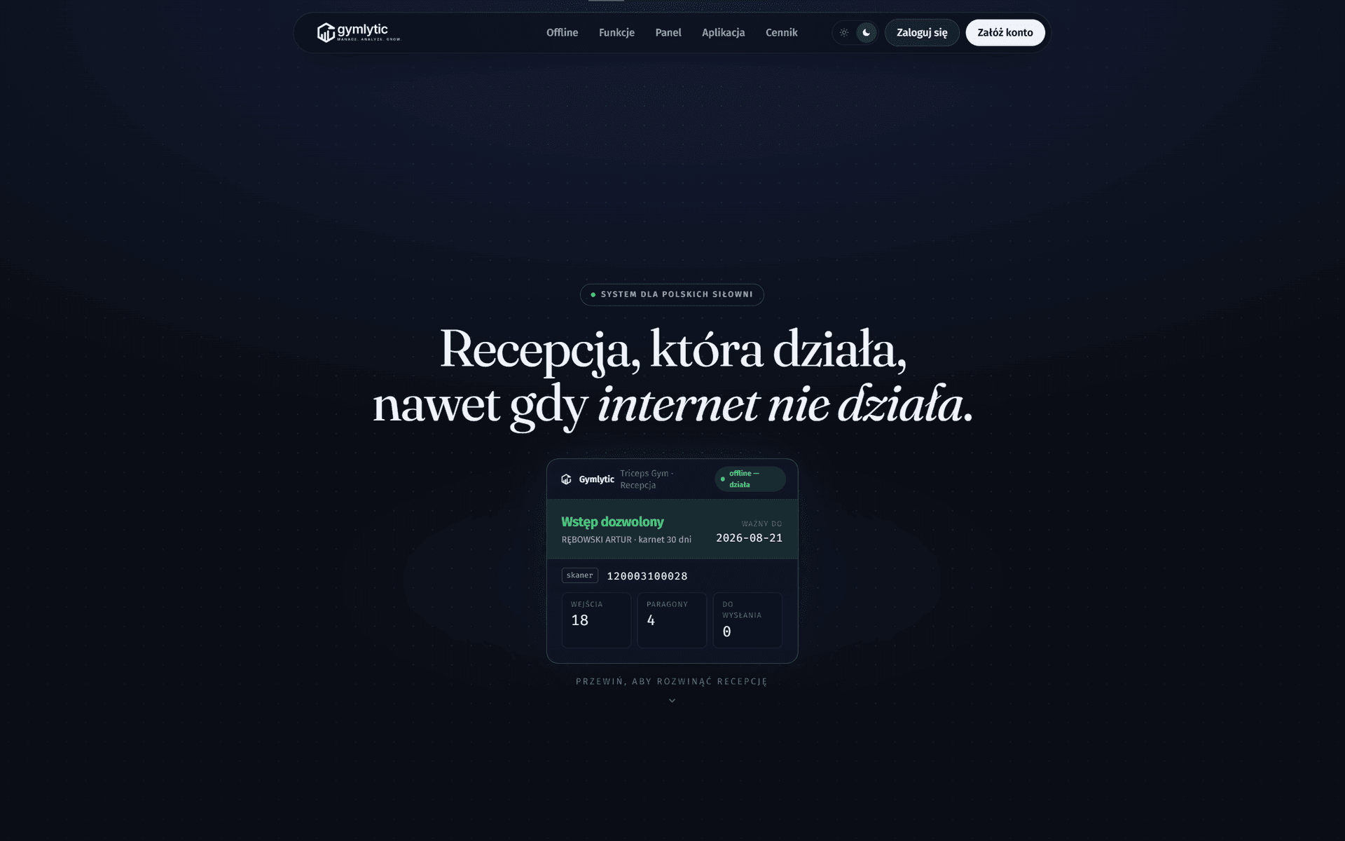 Gymlytic, A CRM, CMS and membership SaaS for Polish gyms, running live in Triceps Gym in Wyszków, the same gym whose website I built. Reception keeps working with no internet: local queue, 14 ms scan verdicts, auto-sync with duplicate-proof records.