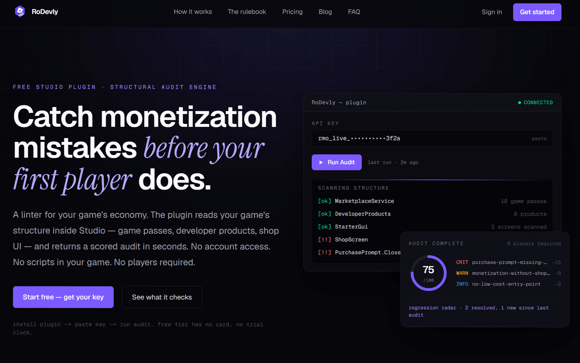 RoDevly, A structural audit engine for Roblox game economies. A Studio plugin scores a game's monetization setup in seconds, no player data required.